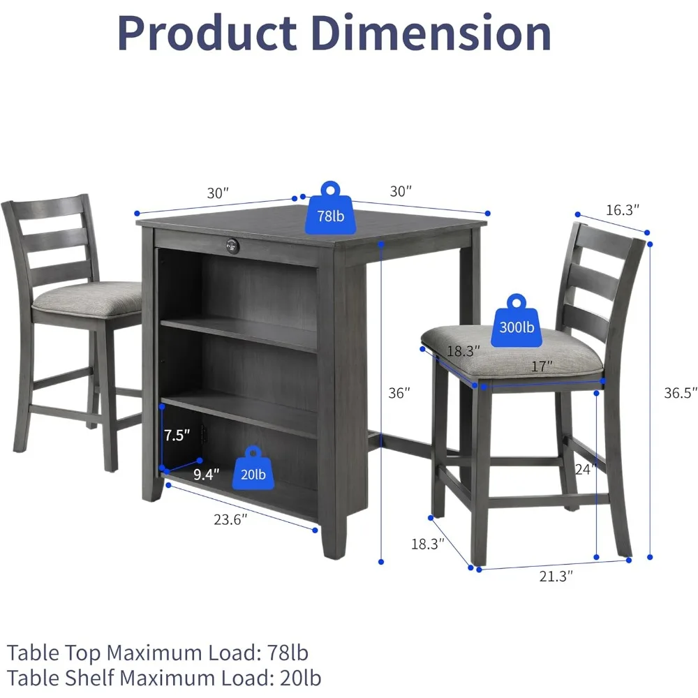 Small Bar Table and Chairs Set for 2,3-Piece Kitchen Dining Room Table Set with Storage Shelves & Charging Station,Space-Saving