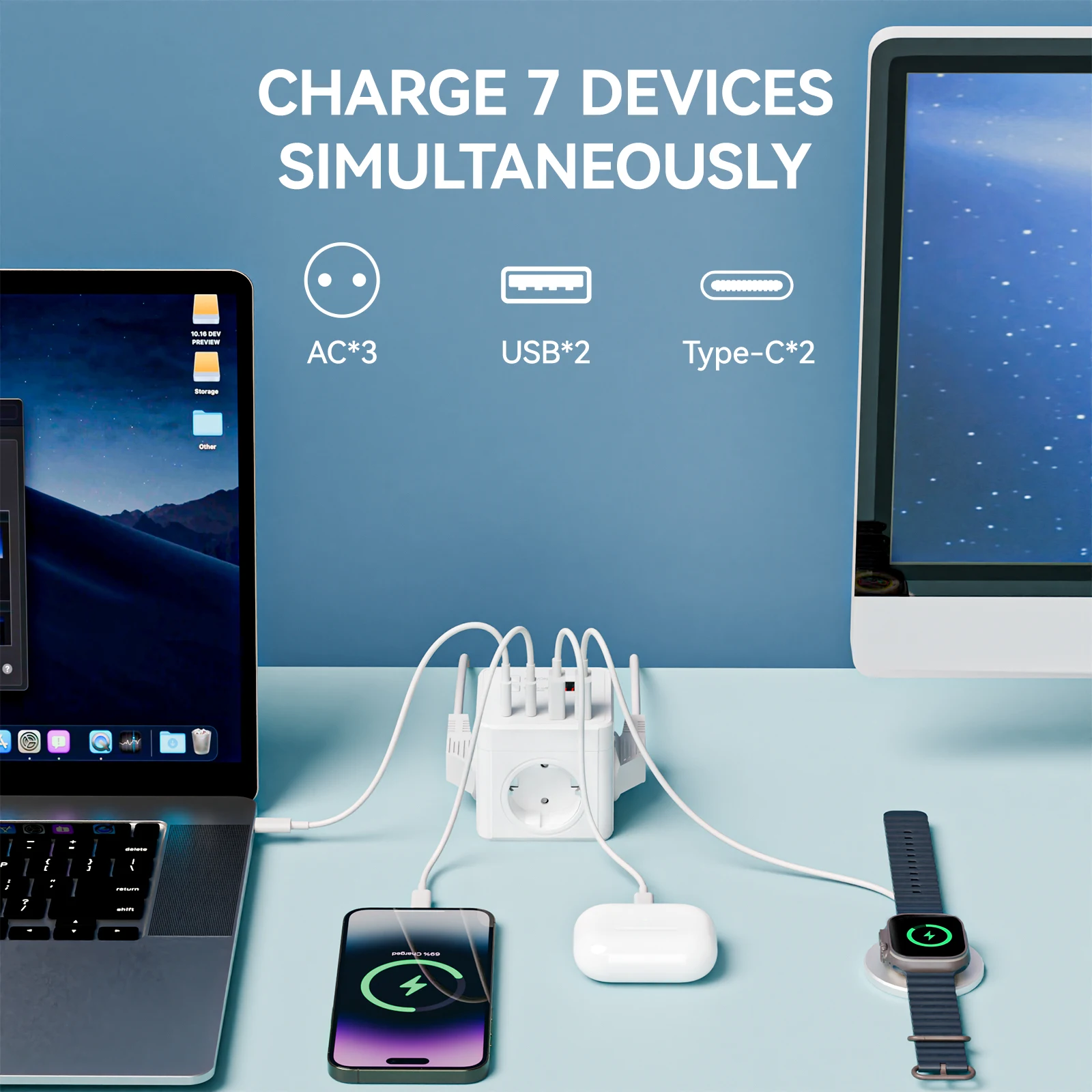 1 multiprise ue 7 en 1, protection contre les surtensions, rallonge de 1,5 m, 3 prises CA 3 USB 1 type-c, charge de bureau chronométrée