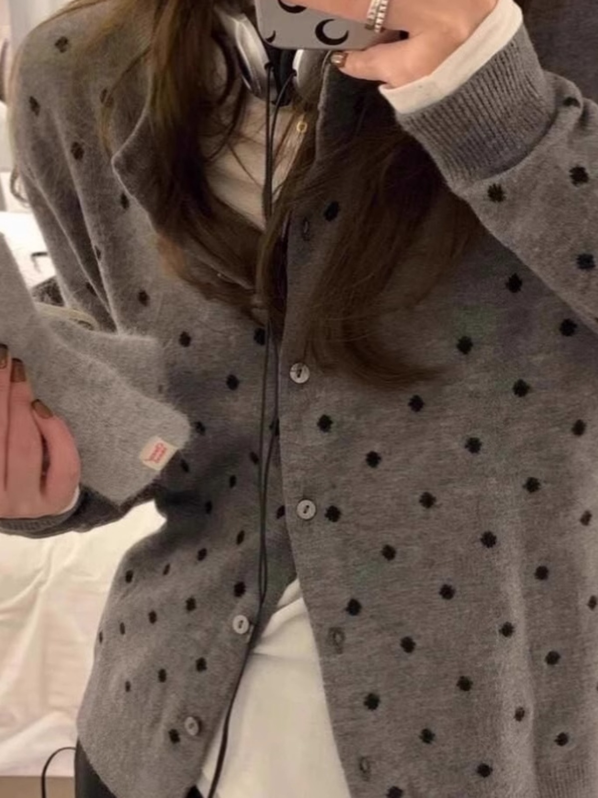 「MD」Gray Polka Dot Versatile Knitted Open Cardigan Women's Spring 2025 New Layering Design Thin Long Sleeve Top Commute Sle