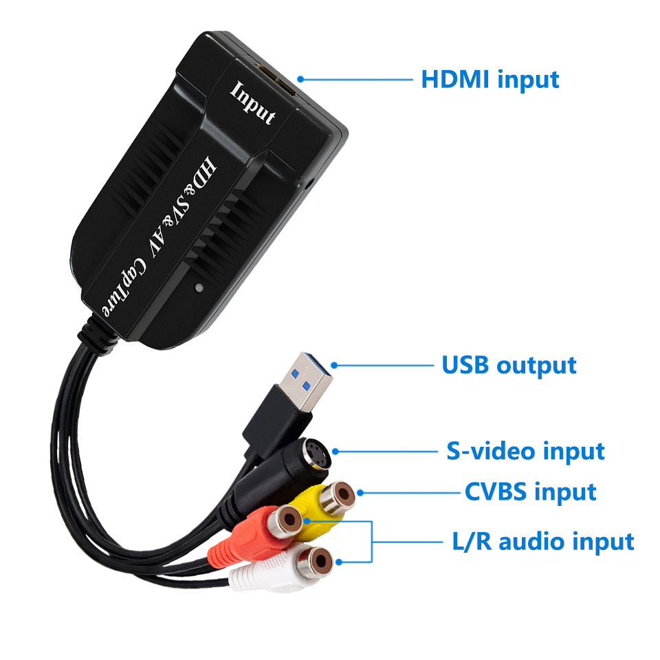 Карта видеозахвата USB2.0 HD/RCA/S-видео в USB-устройство захвата аудио-видео VHS в цифровой преобразователь для Hi8 DVD PS4