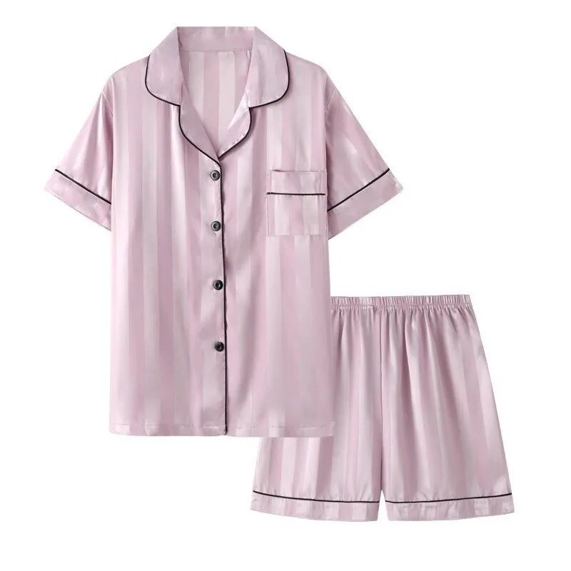 1 Set elegantes Lounge-Set für Damen, Pyjama in Übergröße, Satin, gestreift, mit Knöpfen, langärmliges Hemd und Hose