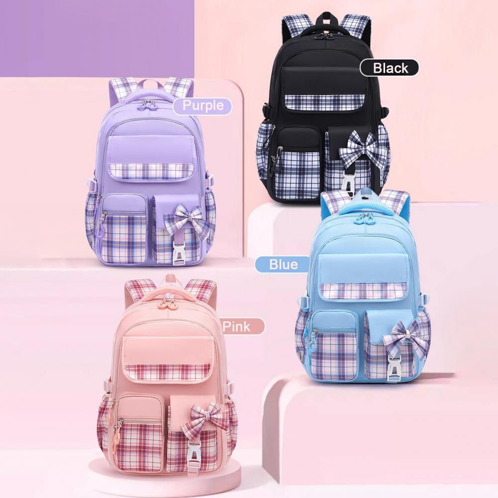Girls Backpack with Laptop Sleeve Plaid Print Elementary School Bag with Bow Decor Adjustable Shoulder Strap for Students