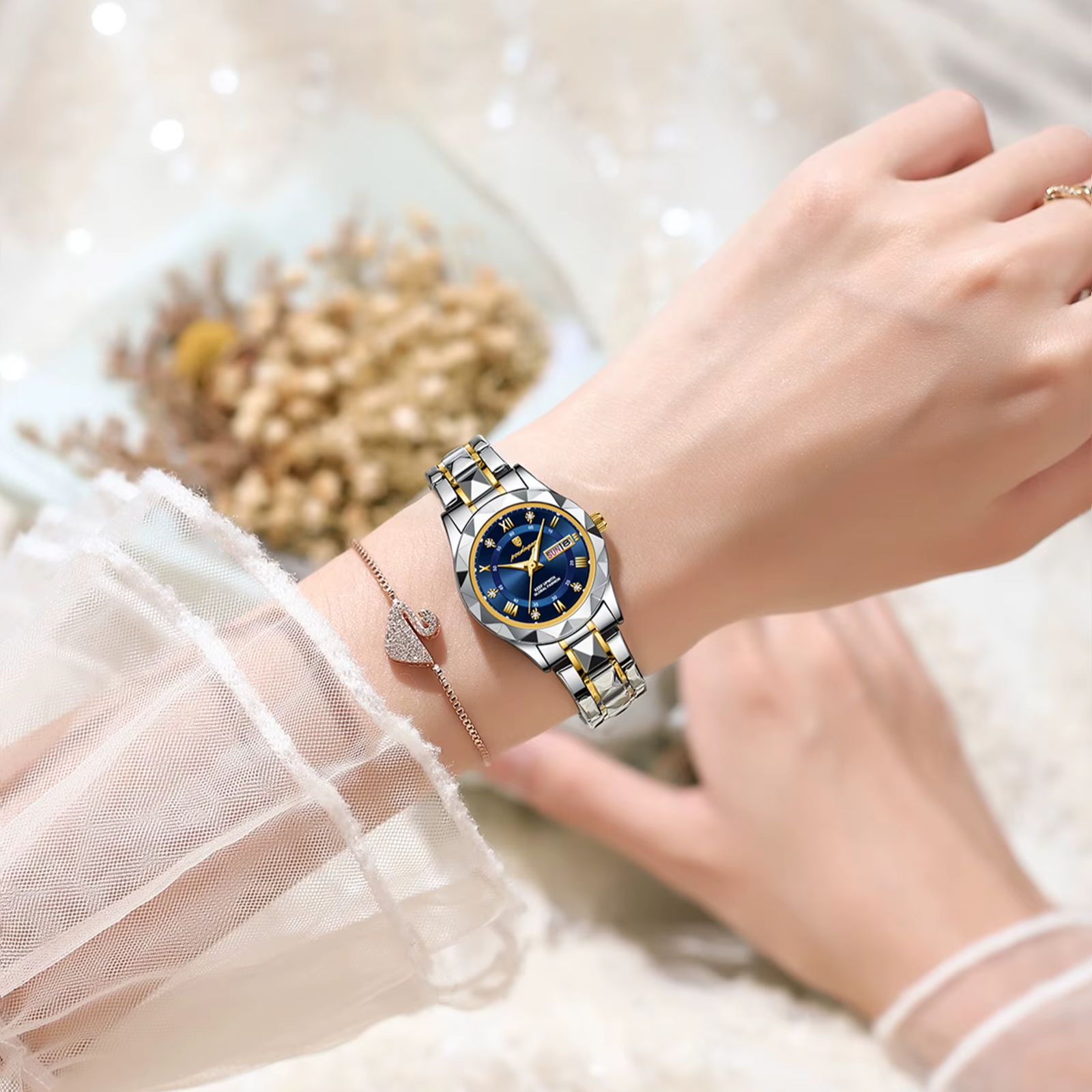 POEDAGAR, reloj elegante de lujo para mujer, reloj de pulsera luminoso resistente al agua con fecha semanal para mujer, relojes de cuarzo de acero inoxidable a la moda para mujer