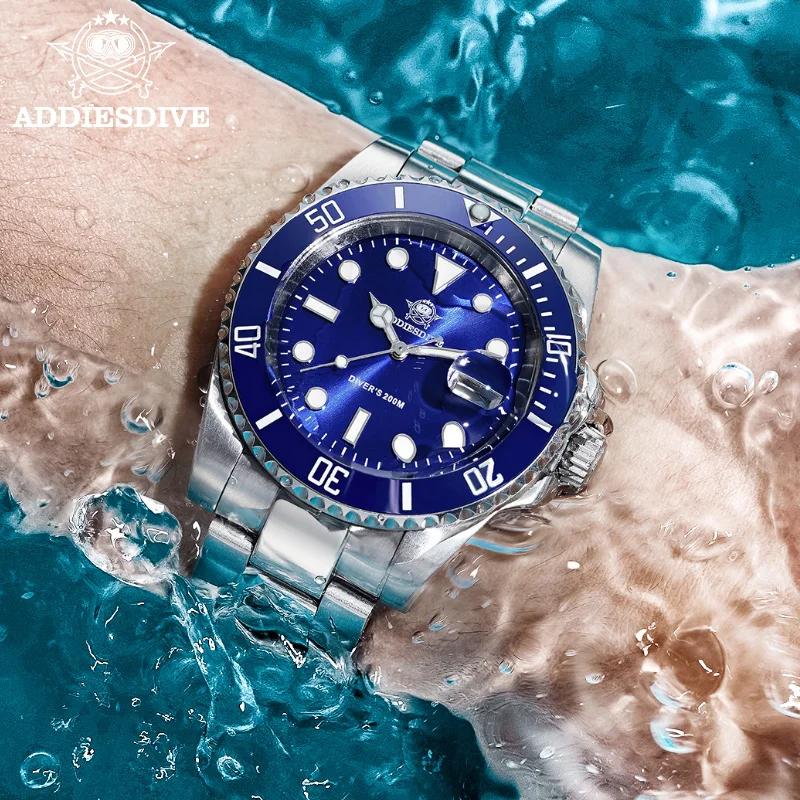 Reloj de cuarzo luminoso ADDIESDIVE para hombre, relojes analógicos con bisel de cerámica de acero inoxidable, relojes de pulsera de buceo con calendario resistente al agua de 200m