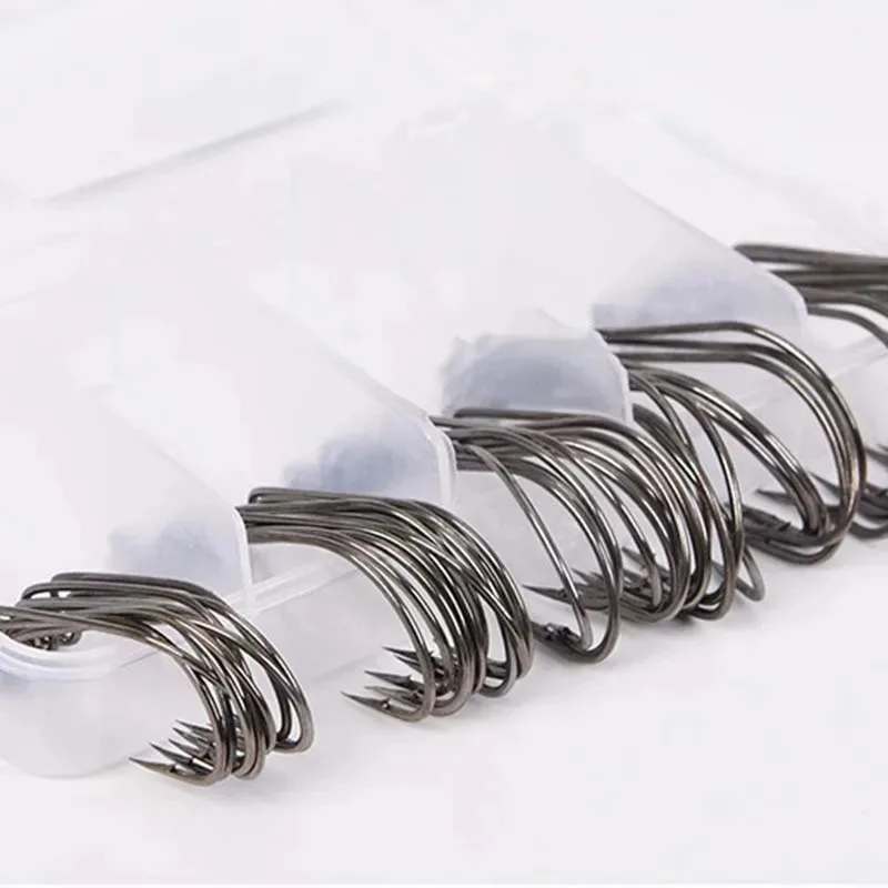 50 ชิ้นกล่องตะขอตกปลาชุด Jig Crank ตะขอหนามสูงคาร์บอนสแตนเลสกว้าง Gap Offset Fishhook Soft Worm Sea Hook Tackle