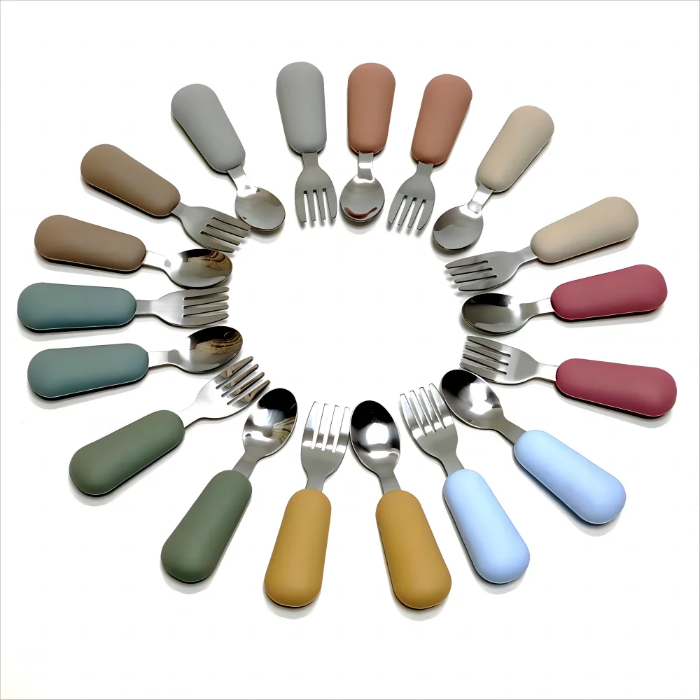 Kinder Gabel Löffel Set Baby Gabel Löffel Kurzen Griff Edelstahl Silikon Gabel Löffel Baby Ergänzung Gabel Löffel