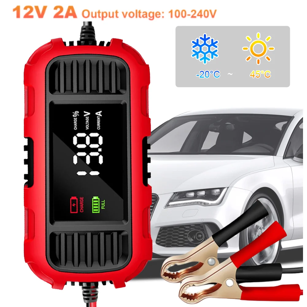 12V 2A Auto-acculader Digitaal display Slimme batterijoplaadtool Batterij-druppellader Onderhouder voor auto-vrachtwagenbatterij