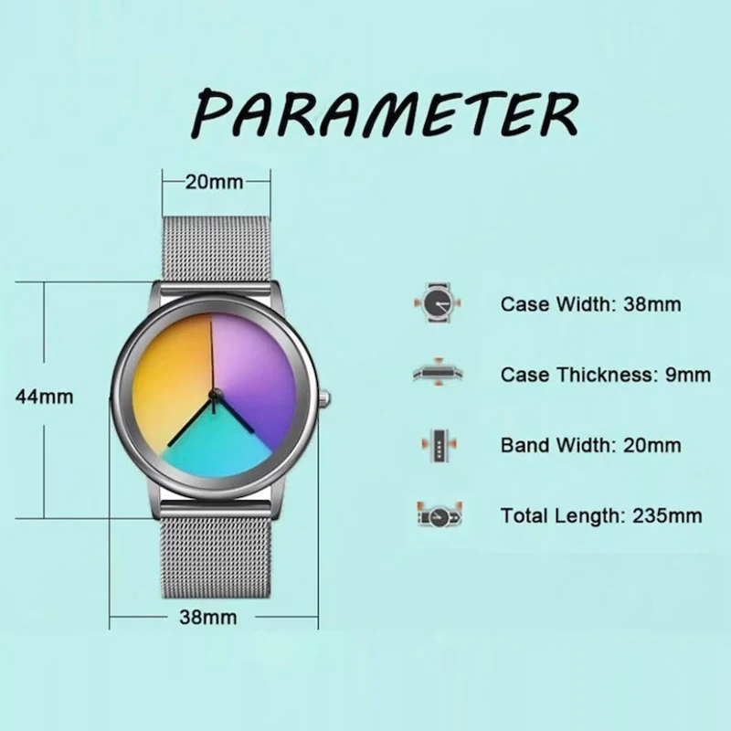 Nuevo reloj único para mujer, reloj de pulsera de cuarzo con esfera cambiante colorida informal a la moda, relojes simples de acero ultrafinos para mujer, regalo especial