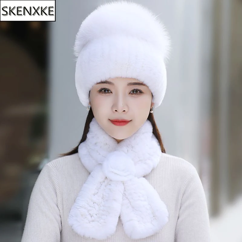 Rex Rabbit Fur Hat Scarf Sets Women Winter Warm Luxury 100% Genuine Fox Fur Cap Rex Rabbit Fur Scarves Knitted Quality Fur Hats