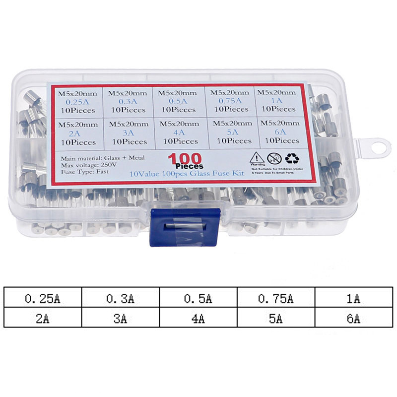100 шт. 5x20 мм 0.25A-6A Быстросохнущий стеклянный трубчатый предохранитель Быстросохнущий смешанный комплект в ассортименте 0.2A,0.3A,0.5A,0.75A,1A,2A,3A,4A,5A,6A
