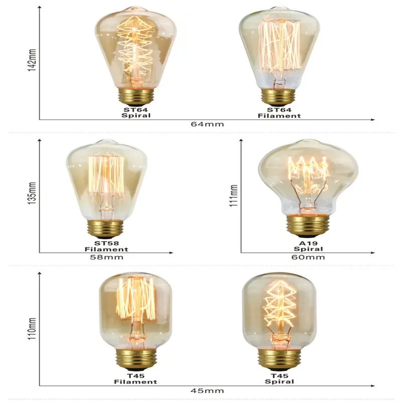 Edison Glühbirne E27 220V 40W ST64 A19 G80 G95 T10 T45 T185 Retro Filament Glühlampulle Birne Vintage Edison Lampen