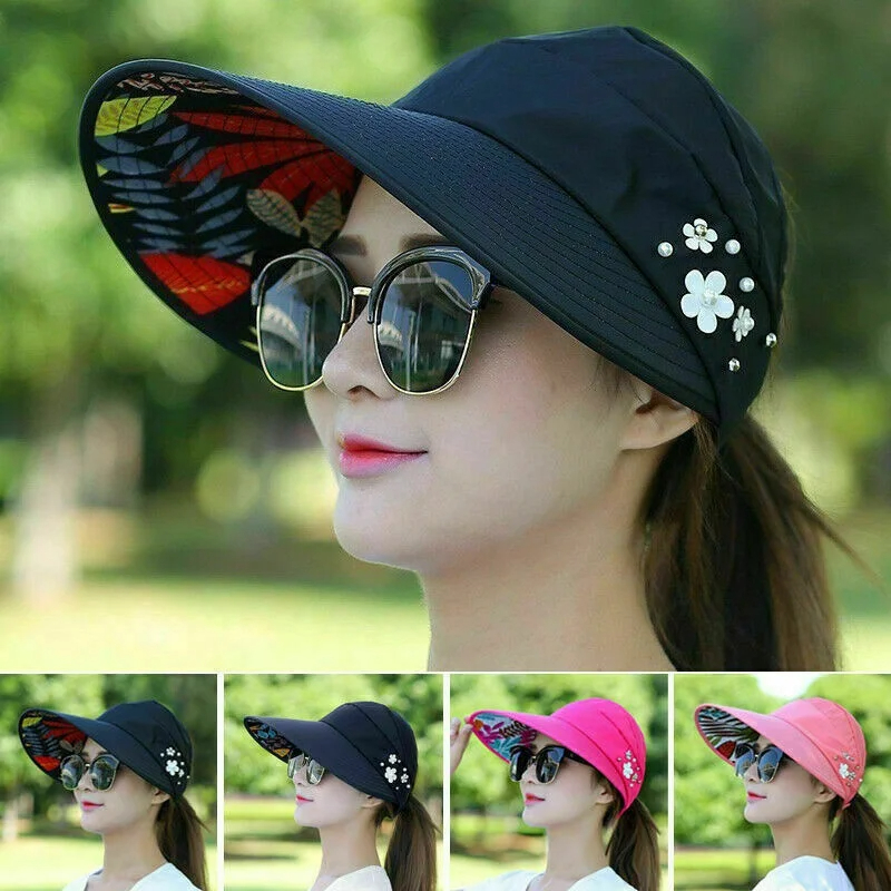 Chapéu de sol dobrável de aba larga de verão feminino anti-UV praia viseira bonés chapéus