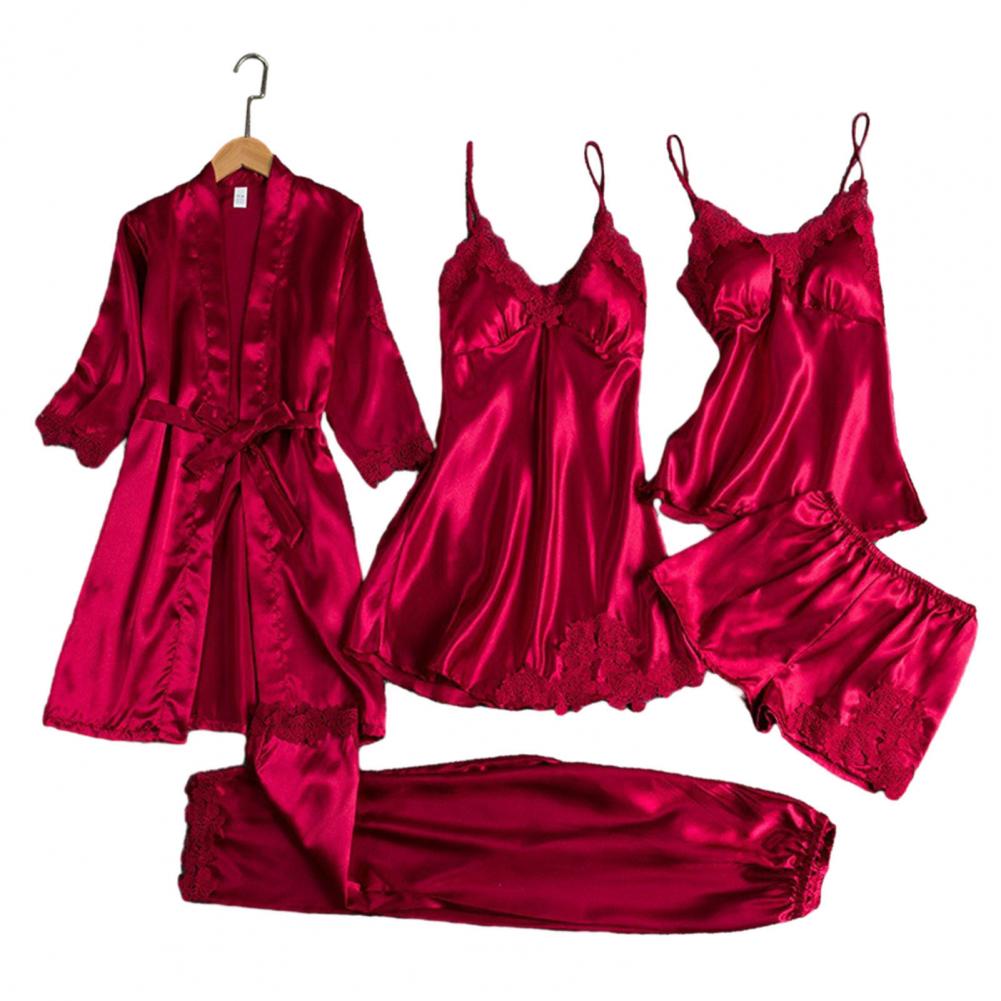 Conjunto de pijama de seda para mujer, elegante conjunto de pijama de retazos de encaje satinado con cintura con cordones, camisón de 5 piezas, pantalones cortos para mayor comodidad