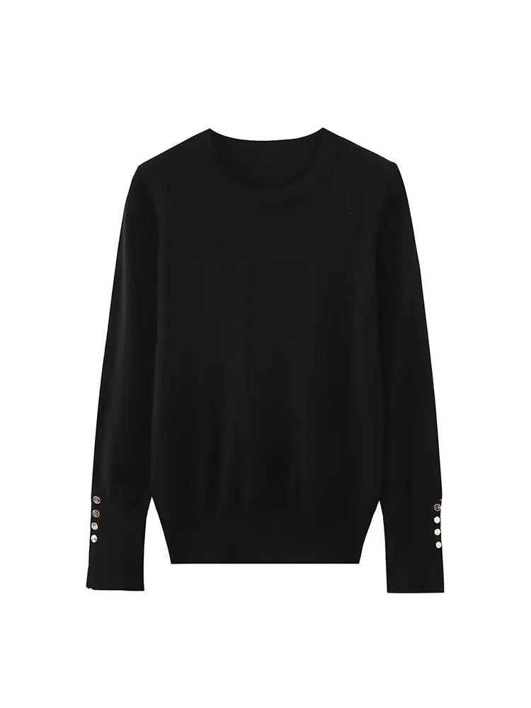TRAF-suéter de manga larga con cuello redondo para mujer, jersey con botones, informal, liso, de alta elasticidad, otoño 2023