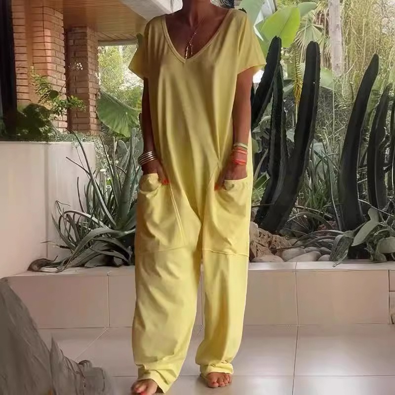 女性のためのルーズなジャンプスーツ、カジュアルなストリートウェア、半袖、Vネックポケット、ロングパンツ、女性の毎日のロンパース、ファッション、新しい