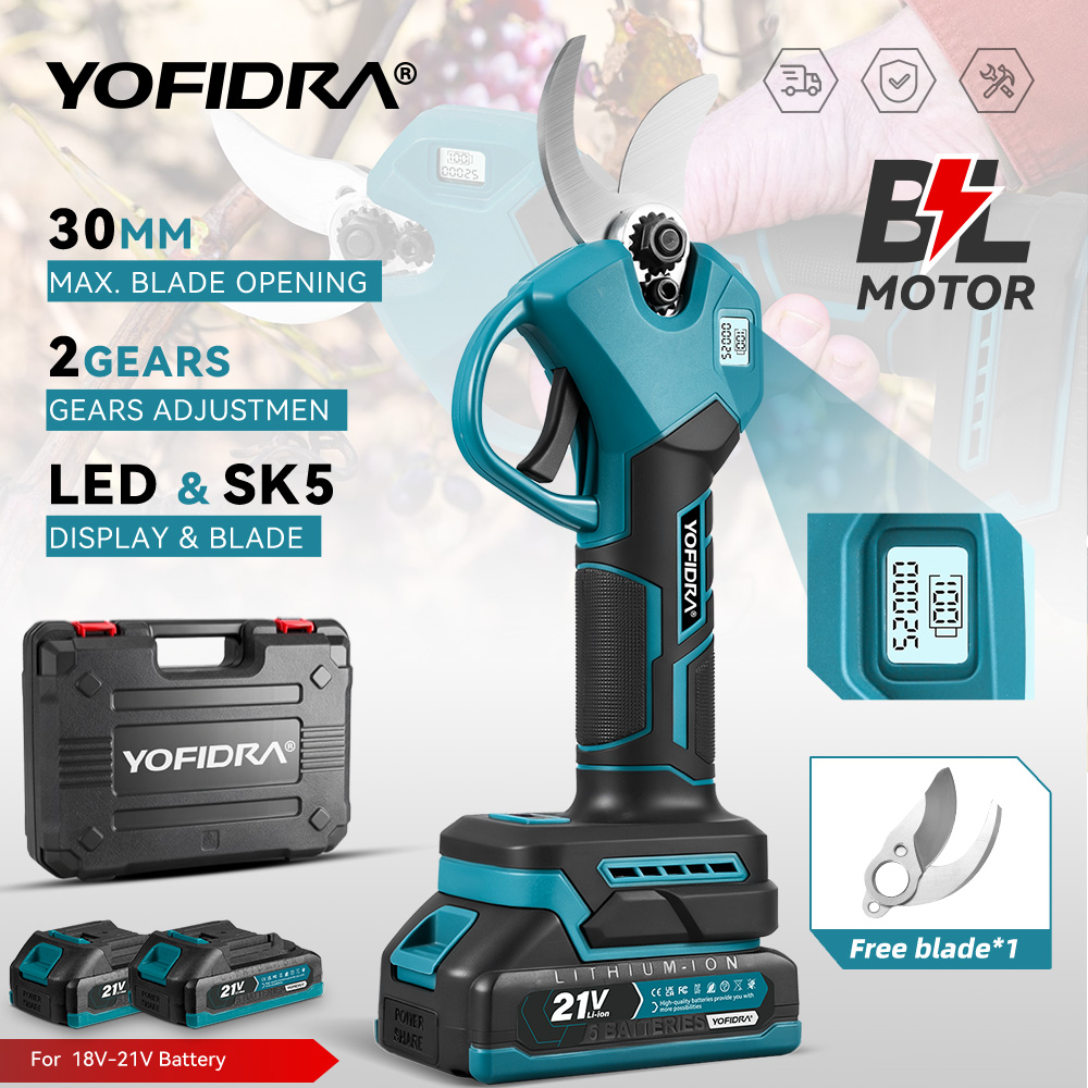 YOFIDRA 30 мм бесщеточный электрический секатор, 2 шестерни, аккумуляторные электрические ножницы для обрезки деревьев для Makita, 21 В, аккумуляторный штифт