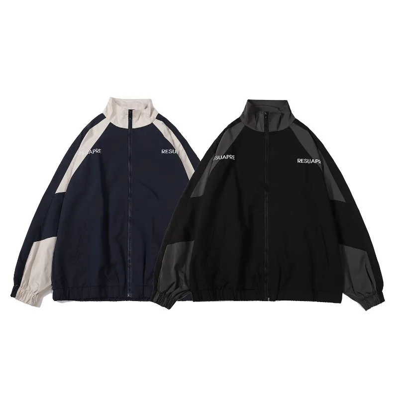 Chaqueta universitaria de Hip Hop para hombre, abrigos cortavientos negros de Color Patchwork de calle alta, chaquetas universitarias finas de moda para primavera y otoño para mujer