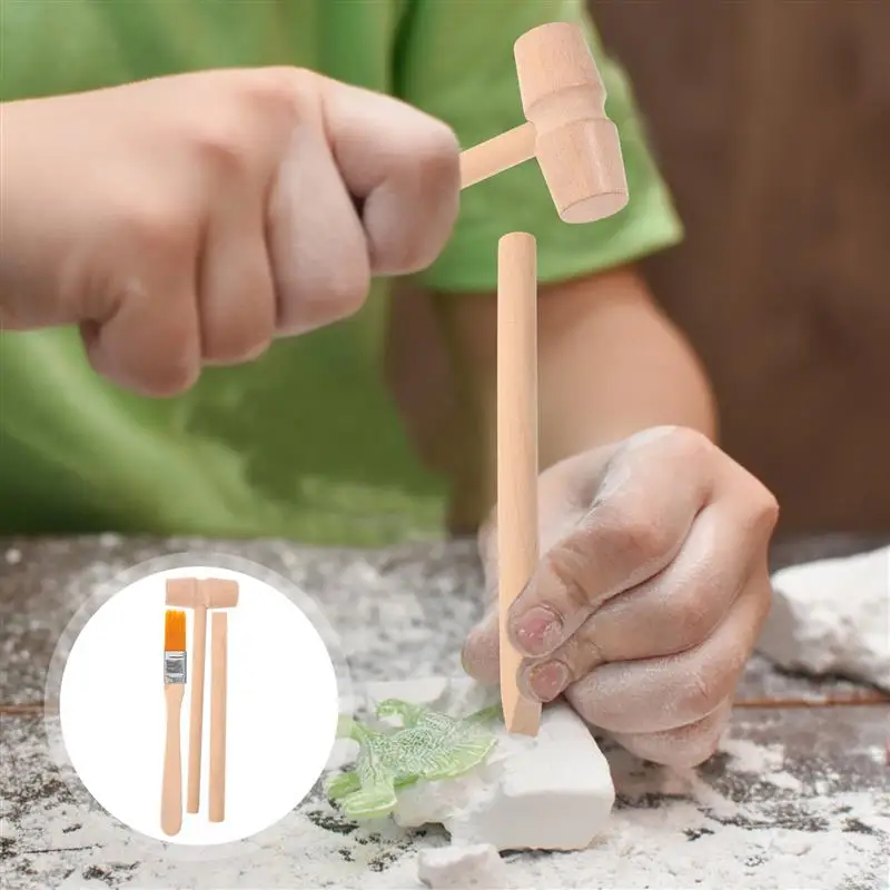 3 ชุดเด็กขุดเครื่องมือค้อนไม้แปรง Chisel เด็กวัยหัดเดิน Woody ของเล่นโบราณคดีชุดขุดแกล้งทําเป็นเล่นการศึกษา