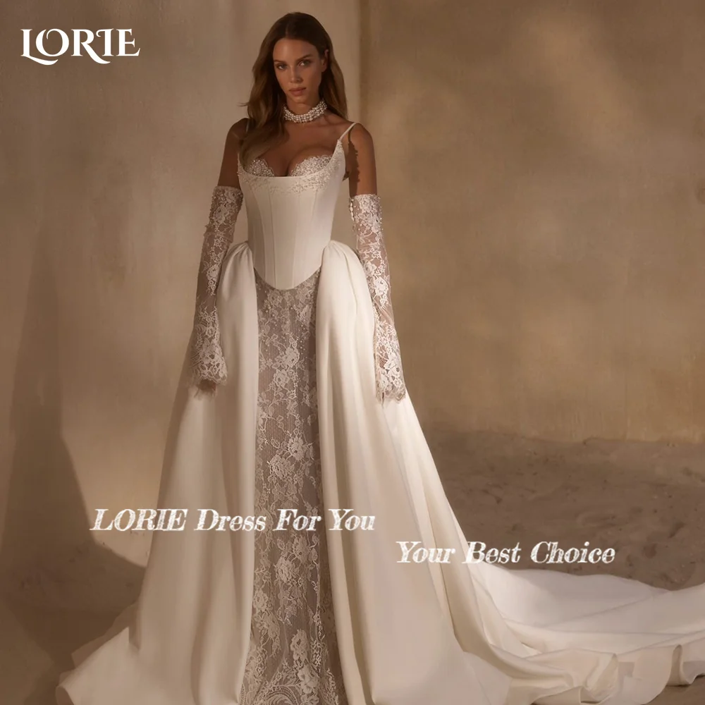 LORIE ลูกไม้ Applique ชุดแต่งงานสปาเก็ตตี้รัดตัวชุดเจ้าสาวกวาดรถไฟ Backless เจ้าหญิงชุดเจ้าสาวที่กําหนดเอง