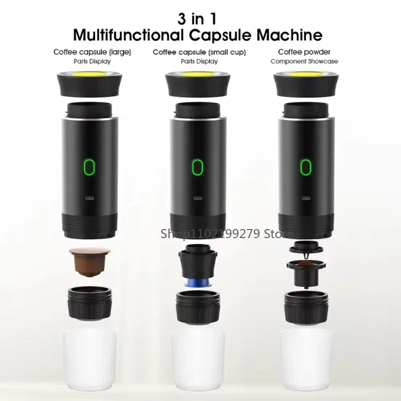 Tragbare kabellose elektrische Espressomaschine für Reisen, Auto und Zuhause, Camping-Kaffeemaschine, 3-in-1-Kapselpulver-Kaffeemaschine