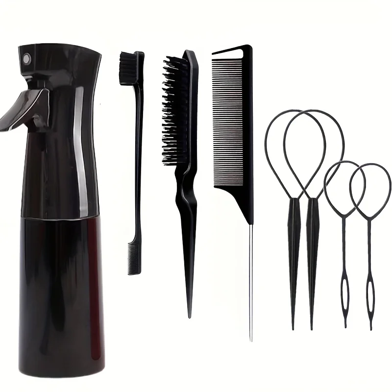 Ensemble de coiffure 8 pièces, flacon pulvérisateur de 6,76 oz et brosse à cheveux en nylon, peigne à queue de souris, brosse à cheveux de contrôle des bords et outil de queue de cheveux