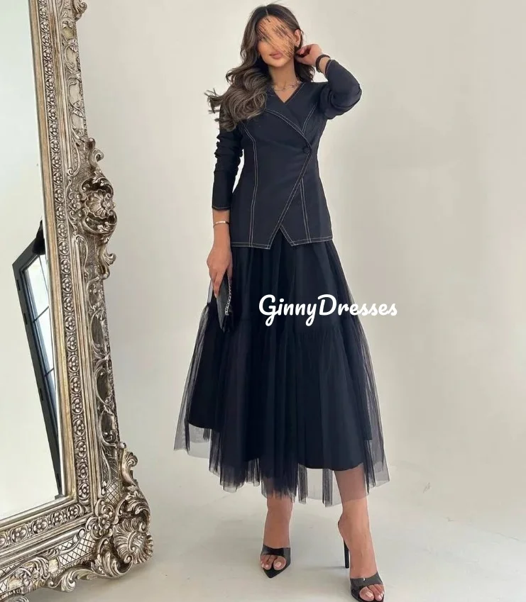 ที่กําหนดเองชุดราตรี A-Line V คอชายาวชุดแต่งงาน Ruffle Tulle ซิปแขนยาวชุดราตรี