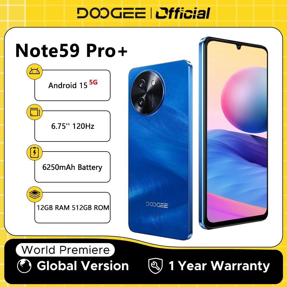 Doogee note59 pro + 5g smartphone android 15 versão global 6250mah bateria 6.75 ''120hz display 12gb 512gb telefone móvel nfc