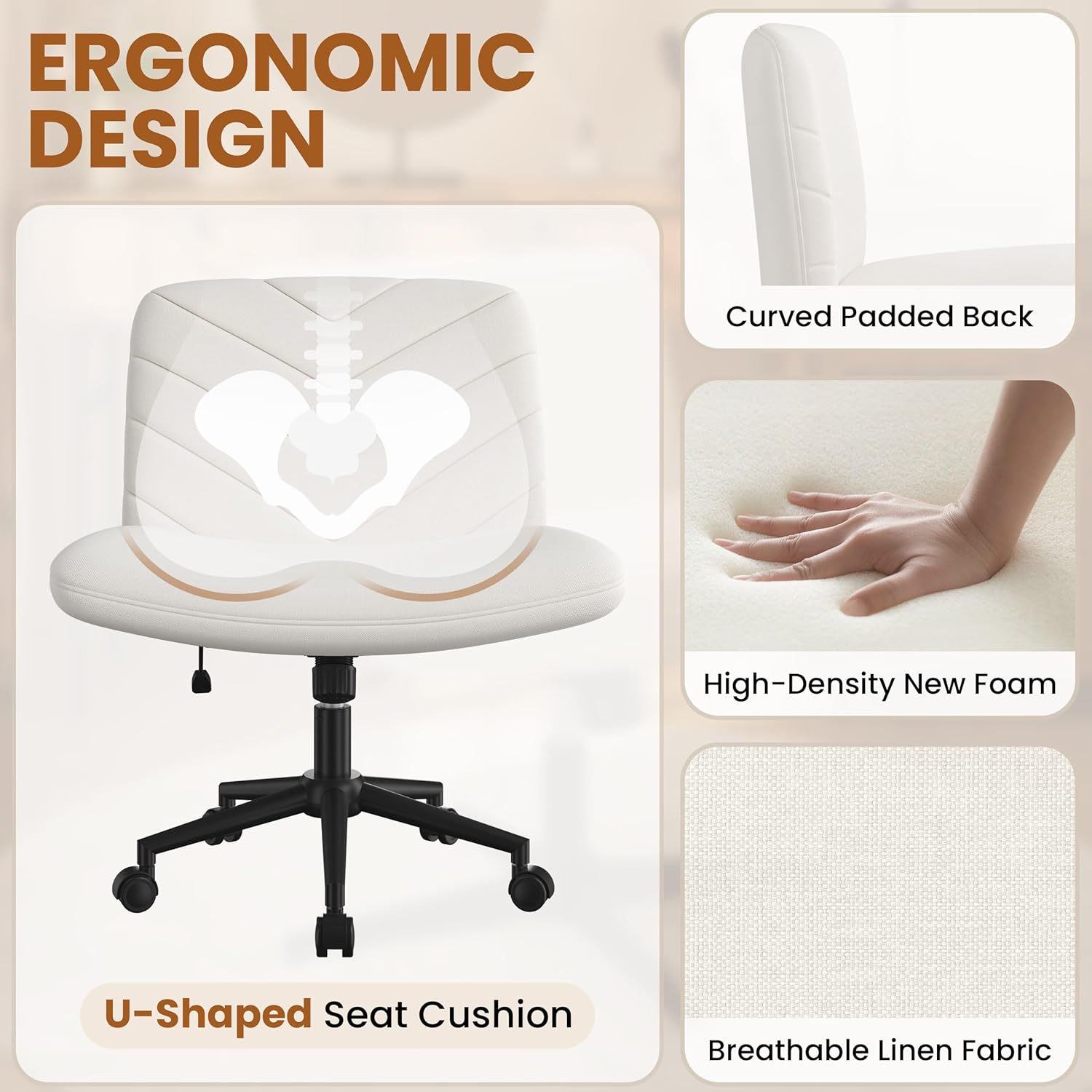 Chair with Wheels,Comfy Armless Cross Legged Office Desk Chair, Swivel Vanity Chair Computer Chairs for Home Office