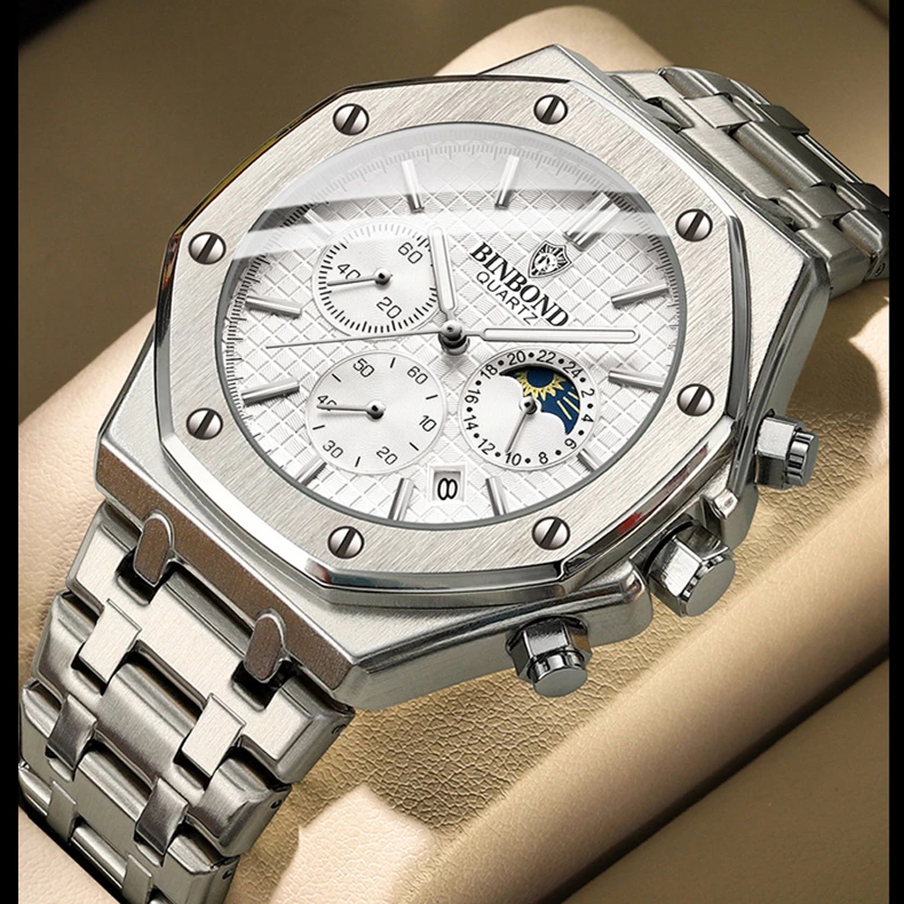 ハイエンド 3 目 6 針多機能月相精密スチールベルトバタフライバックルクォーツ時計 Relojes Para Hombre
