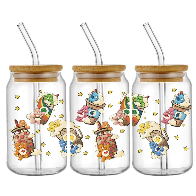 Oso lindo de dibujos animados 16OZ UV DTF taza envolturas pegatina de transferencia para vidrio Libbey lata botella autoadhesiva lavable DIY personalizado