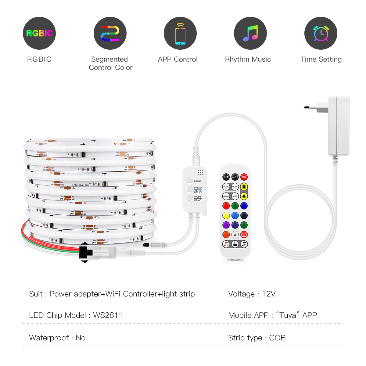 Tuya inteligente wifi rgbic cob led luz de tira fita endereçável ws2811 ic flexível rgb neon led luz 12v appcontrol para alexa google