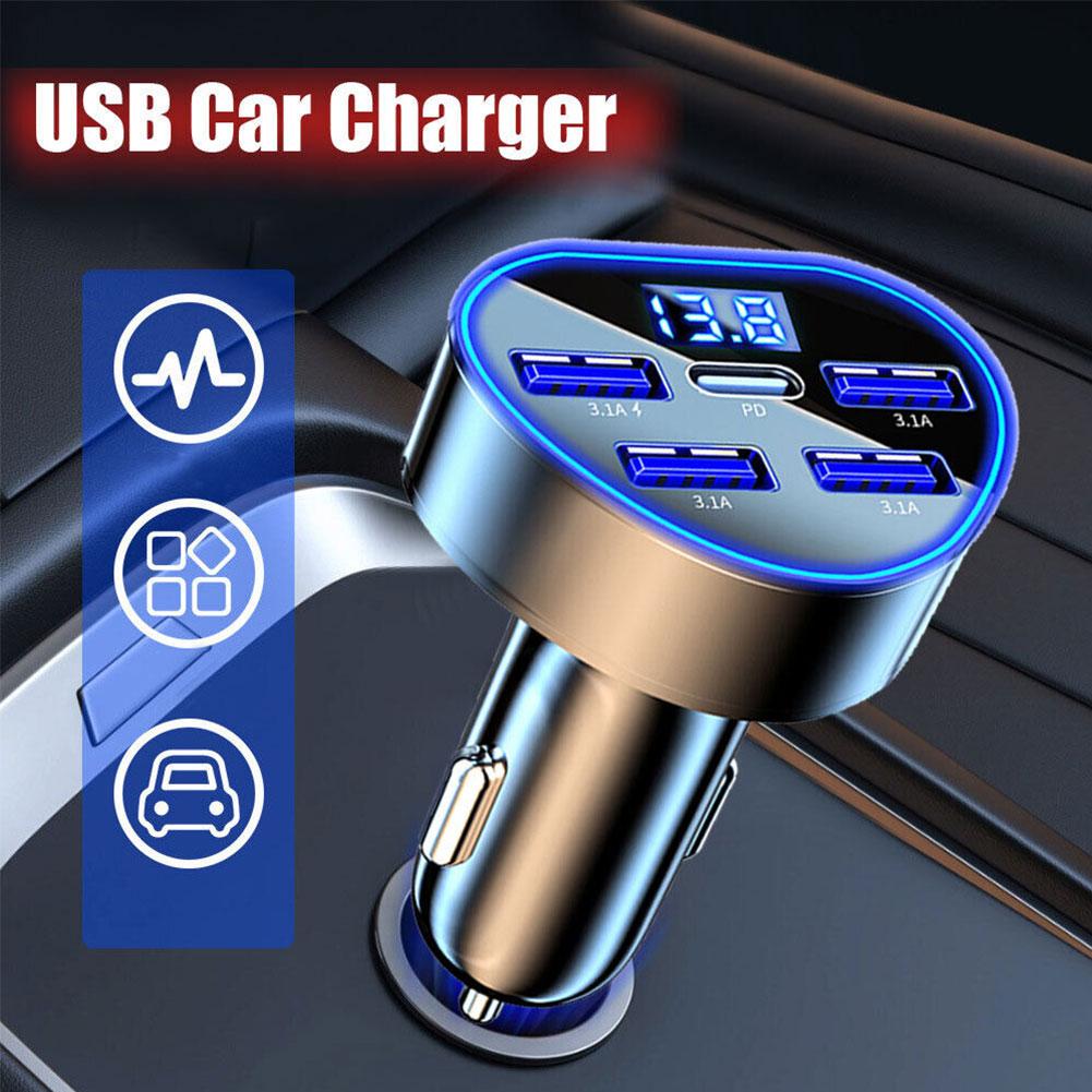 Carregador de carro com 5 portas para iPhone, Adaptador de carregamento rápido, USB tipo C, isqueiro, PD, QC3.0, 66W