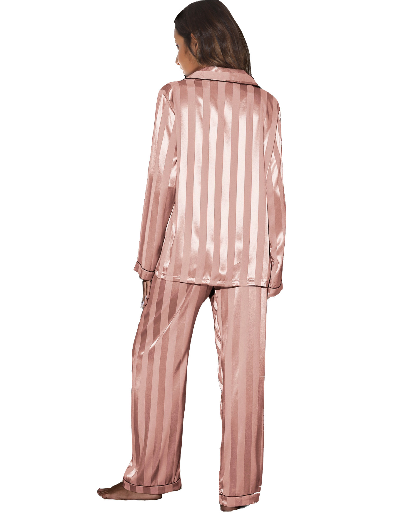 ストライプ長袖ズボン Pijamas スーツ女性 2 個パジャマセットパジャマ春夏サテンナイトウェアルーズホームウェア部屋着