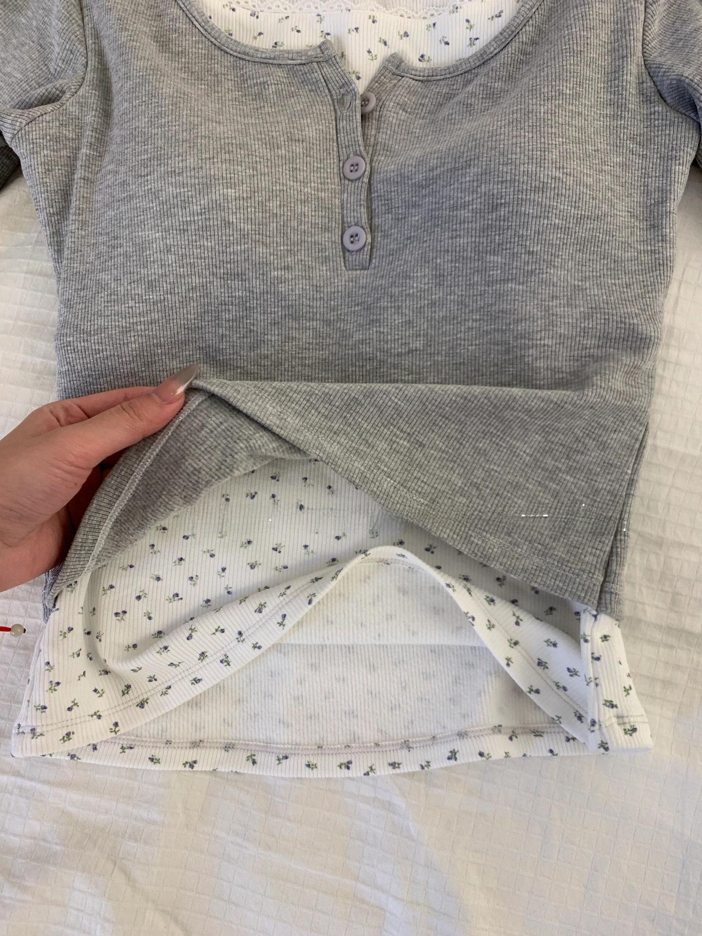 Retro Floral Patchwork Long Sleeve T-Shirt Women's Casual Base Layer Shirt Spring Pure Desire Lazy Inner Wear Top Clothes