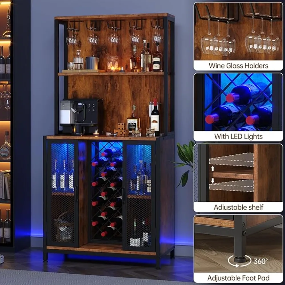 LED Upgraded Bar Cabinet with Back Panel & Microwave Stand Rack,  65" Tall Wine Bar Cabinet w/Glass Holder & Adjustable Shelves