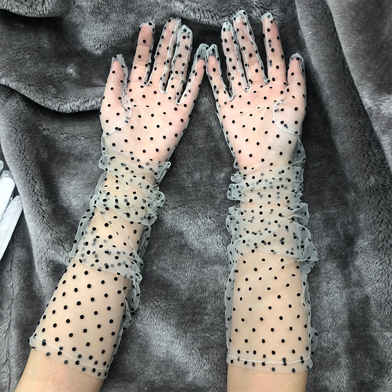 Luvas femininas vintage de bolinhas curtas de tule, renda elástica, luvas cheias, protetor solar, casamento, pintas, 1 par