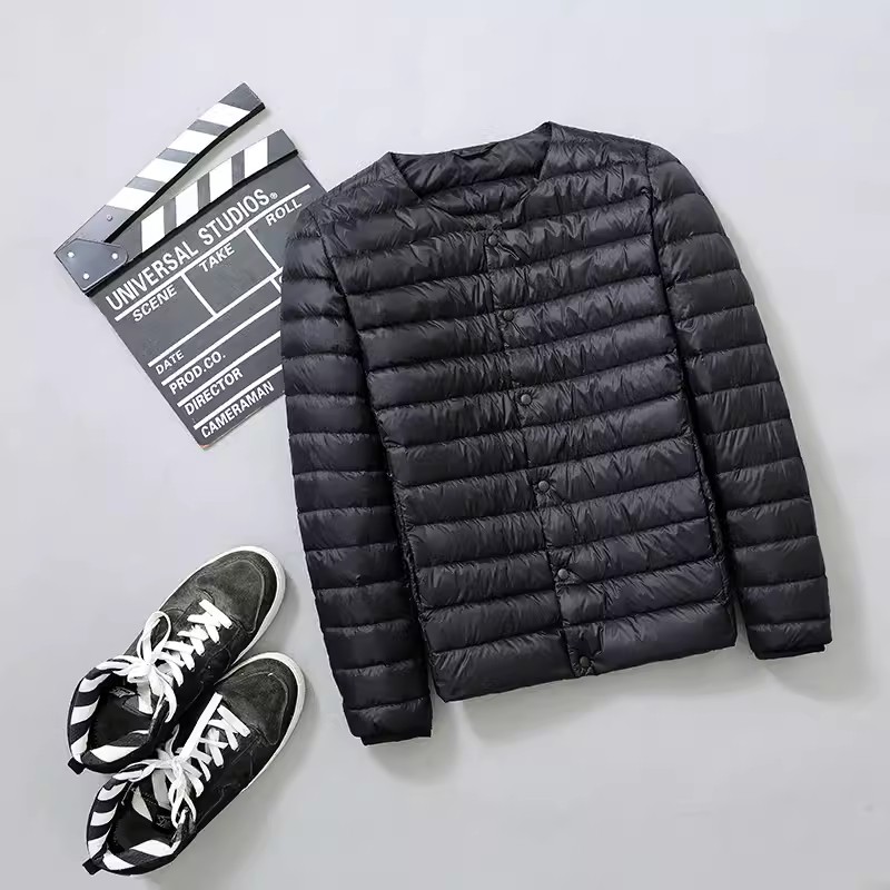 0-10 ℃   Ultra Light Menฤดูหนาวลงเสื้อแจ็คเก็ต2024ฤดูใบไม้ร่วงใหม่ชายไม่มีปกเป็ดสีขาวลงเสื้อFeather Quilted Puffer Jacket
