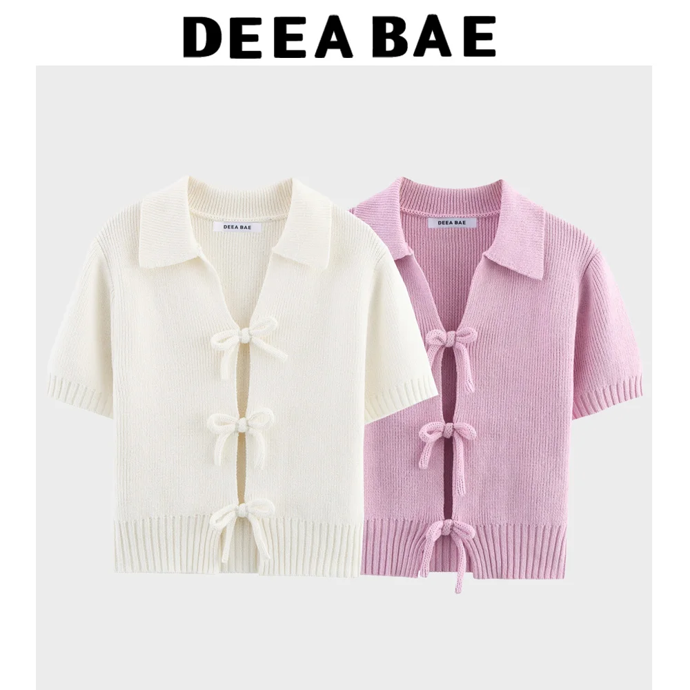 DEEABAE Damen-Oberteil im koreanischen Casual-Stil, süßes und reines Verlangen, Schleifendekoration, gestrickt, kurzärmelig, Revers