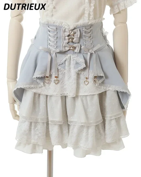 ญี่ปุ่นสูงเอว SLIM-Fit น่ารักหวาน Lolita กระโปรงผู้หญิง Multi-Layer ลูกไม้กระโปรงเค้กฤดูร้อนใหม่จีบกระโปรง