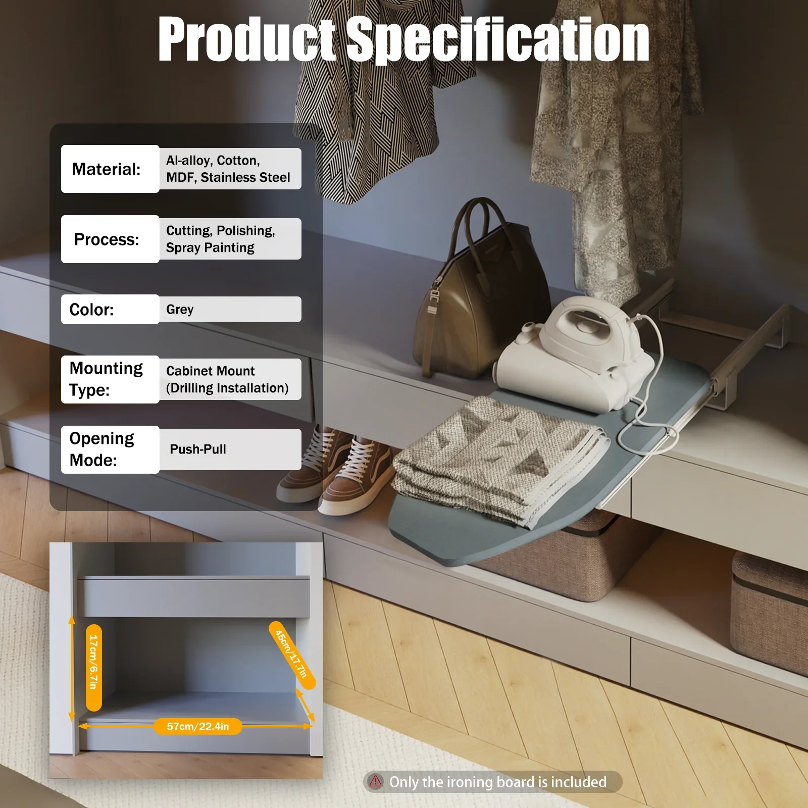 Gray Folding Ironing Board 180° Rotation Retractable Closet Pull & Push for Cabinet Easy To Install