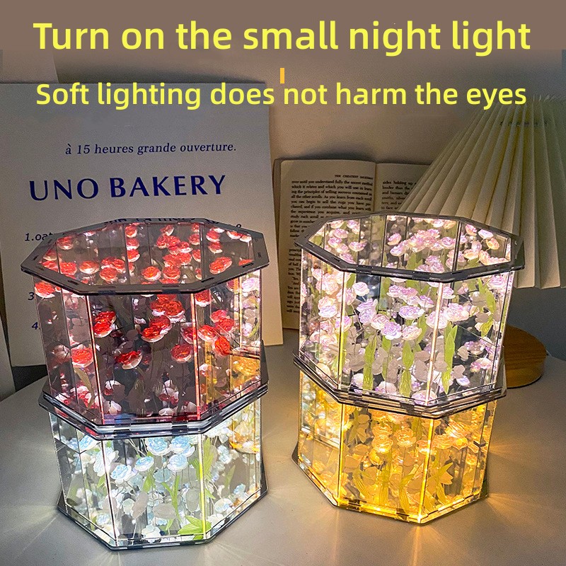 Nuova lampada a forma di cubo a specchio a tulipano fai-da-te Confezione di materiale per luce notturna tridimensionale Regali di compleanno artigianali fatti a mano Luce notturna a tulipano a led