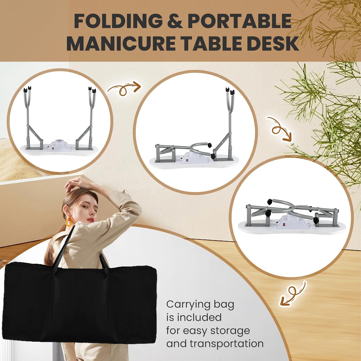 Nail Table All-in-One Manicure Desk w/Electric Dust Collector, LED Nail Lamp, Carry Bag & Wrist Cushion, Mobile Nail Desks w/Uni