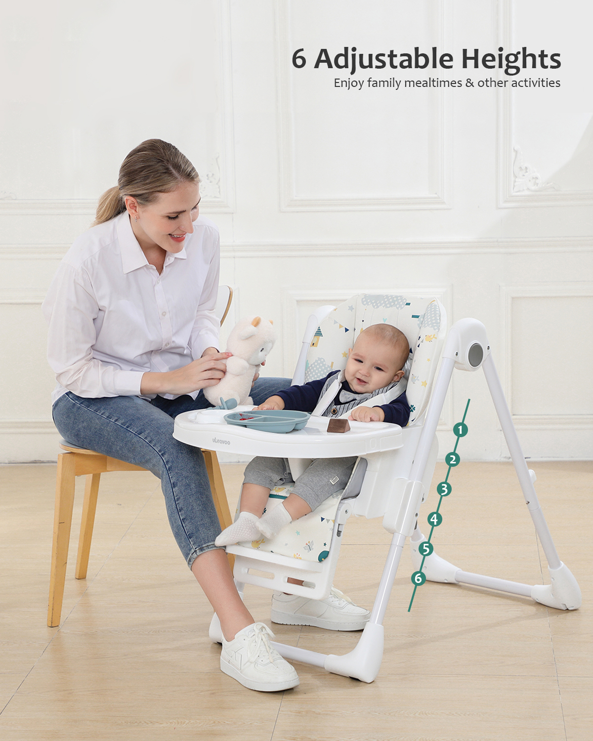 Baby-Hochstuhl 6 Monate plus Baby-Ess-Hochstuhl mit faltbarem, verstellbarem, doppeltem Tablett und leicht zu reinigendem Hochstuhl