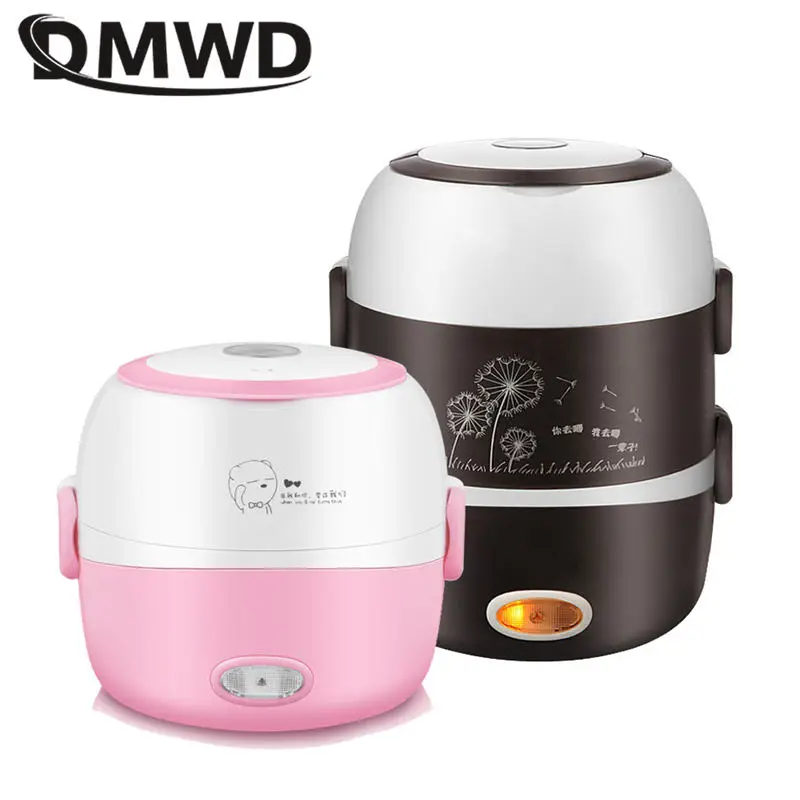 DMWD Điện Nồi Cơm Điện Mini 2/3 Lớp Thép Không Gỉ Lót Di Động Vỉ Luộc Trứng Hấp Thực Phẩm Hâm Nóng Hộp Cơm Trưa Multicooker 2L