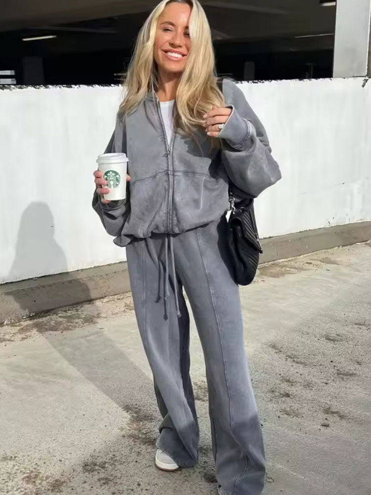 HH Dames 2-delig Retro Effen Kleur Rits Bomberjack Sweatshirt + Hoge taille Vetersluiting Dames Los Fluwelen Broekpak