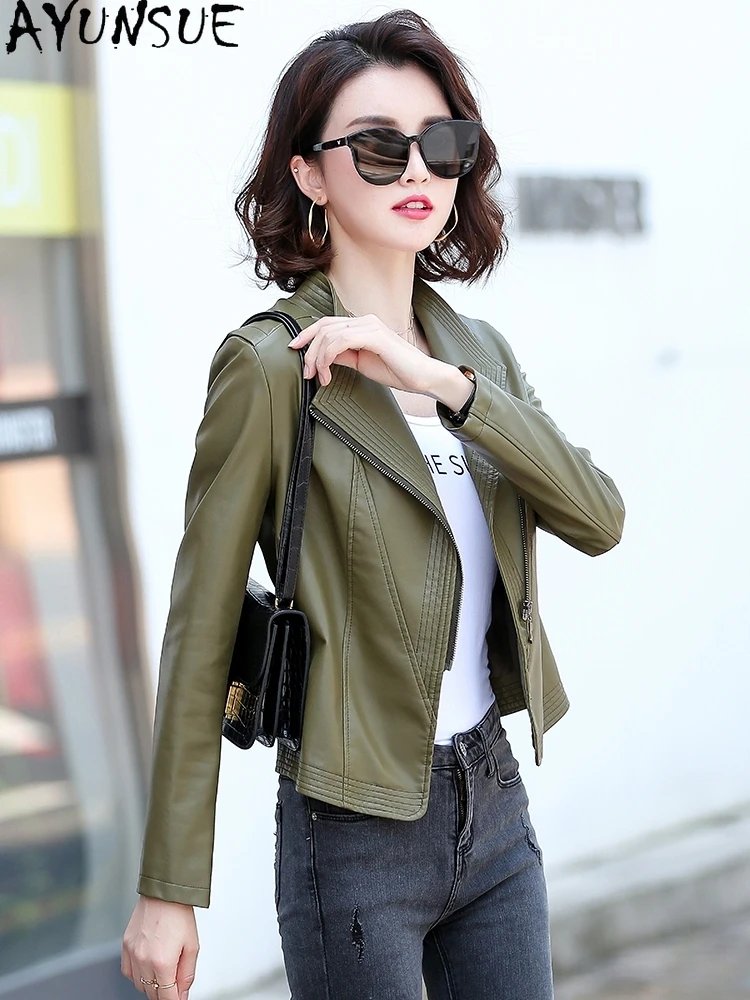 AYUNSUE Sheepskinของแท้หนังแจ็คเก็ตสตรีCropped Coatฤดูใบไม้ร่วงเสื้อผ้าผู้หญิงใหม่ในเสื้อSlim Fit Jaqueta Couro 2024