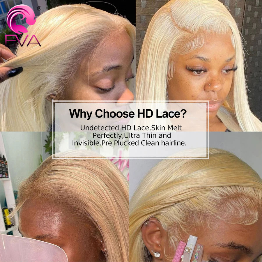 EVA ผม #613สีบลอนด์13X6/13X4 HD ลูกไม้ด้านหน้าสำหรับผู้หญิงเท่านั้นก่อนดึงขนาดเล็กผูกปม5x5 HD ปิดลูกไม้ละลายสกินสำหรับเส้นผมมนุษย์