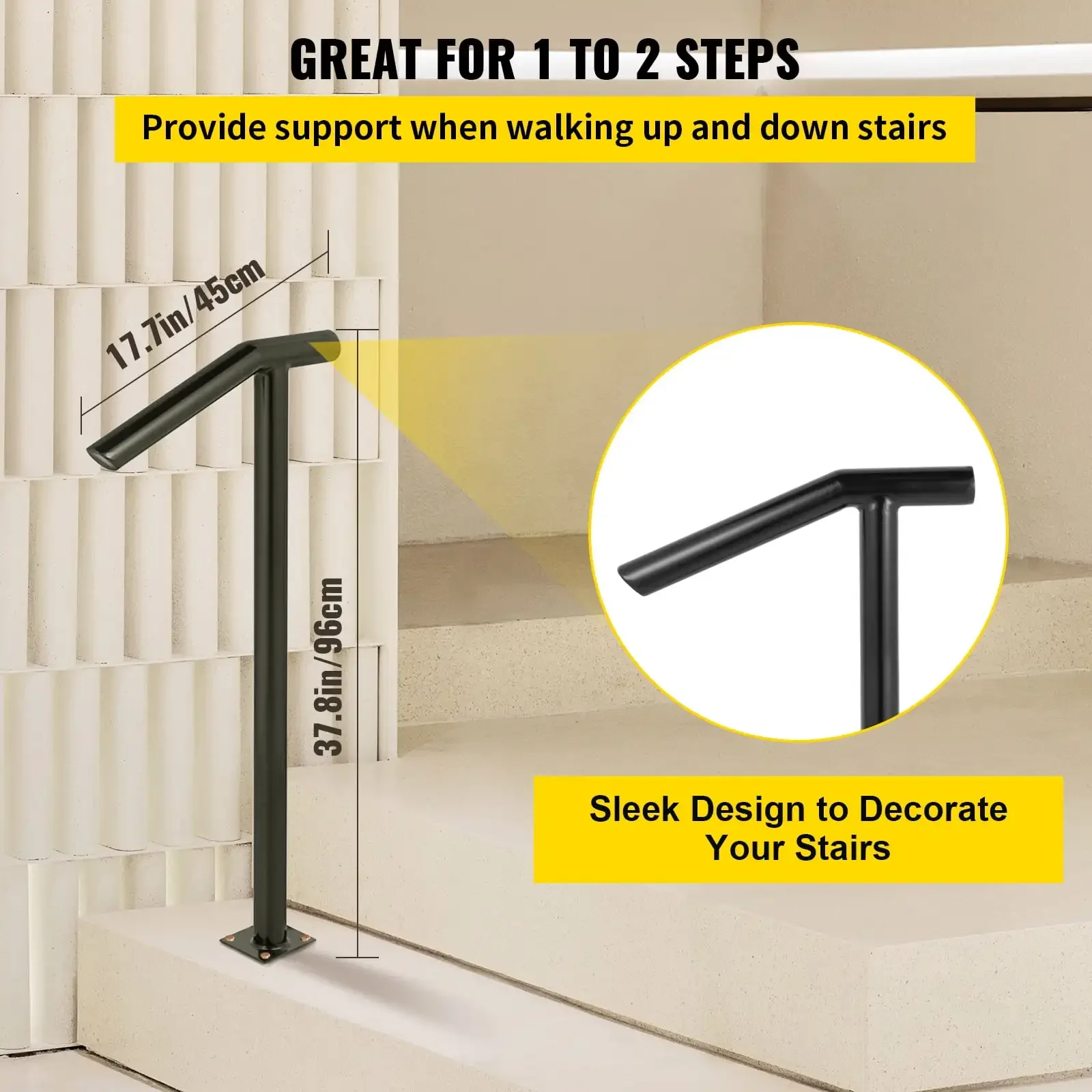 1-2 Steps Single Post, Black Steel Railing 441LBS Capacity Baking Varnish Metal Stairs Stylish Handrails for Outdoor Steps