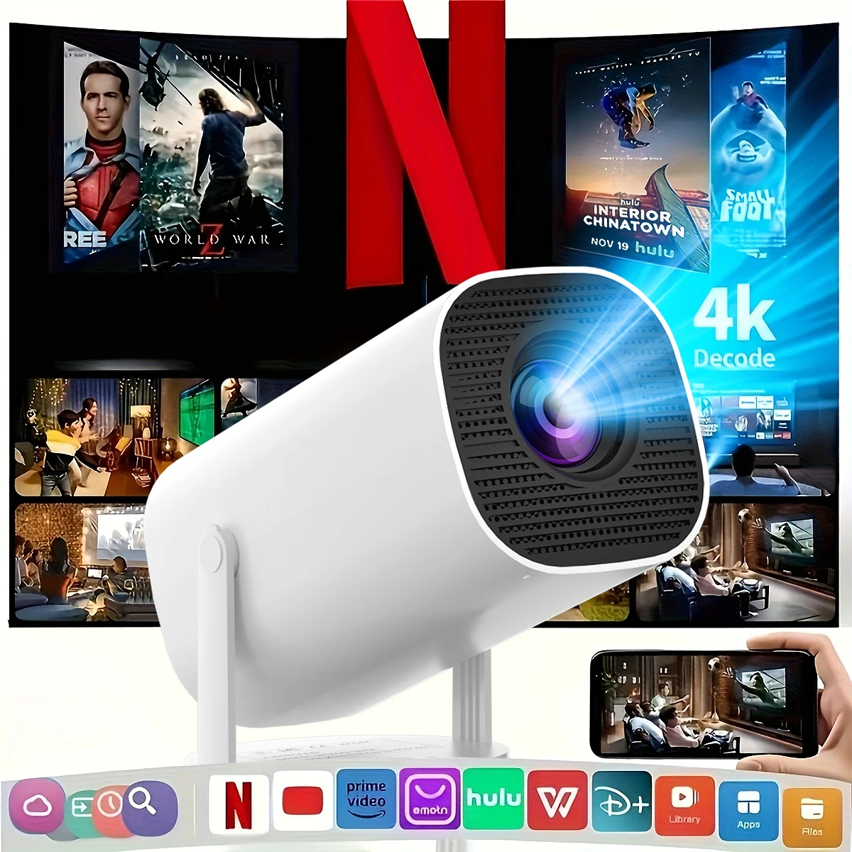 Proyector HY300 Pro compatible con 1080P 4k WiFi6 inalámbrico adecuado para teléfonos móviles, portátiles, proyectores de cine en casa