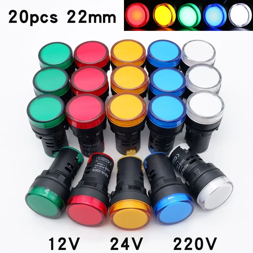 20szt Plastikowa lampka sygnalizacyjna AD16-22DS 22mm 12V 24V 220V Czerwony Niebieski Zielony Żółty Biały LED Mocowanie panelu świetlnego
